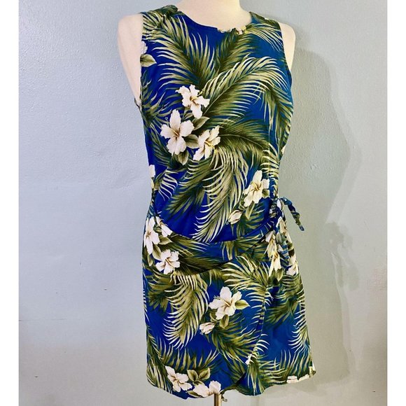Royal Blue Hawaiian Mock Sarong Sheath Dress - Picture 1 of 7